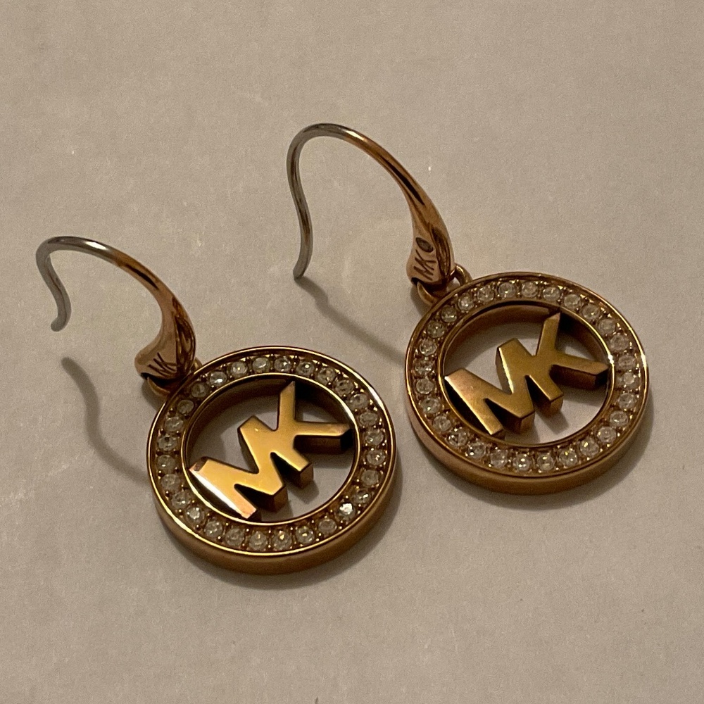 Michael Kors Gold-Tone MK Circle Drop Earrings with Crystals